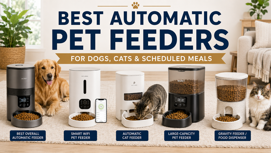 Best Automatic Pet Feeders buying guide image featuring dogs and cats beside smart WiFi pet feeders, timed feeders, automatic cat feeders, large-capacity feeders, gravity food dispensers, bowls, and clean feeding stations.