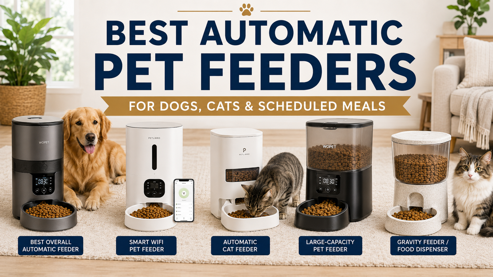 Best Automatic Pet Feeders buying guide image featuring dogs and cats beside smart WiFi pet feeders, timed feeders, automatic cat feeders, large-capacity feeders, gravity food dispensers, bowls, and clean feeding stations.