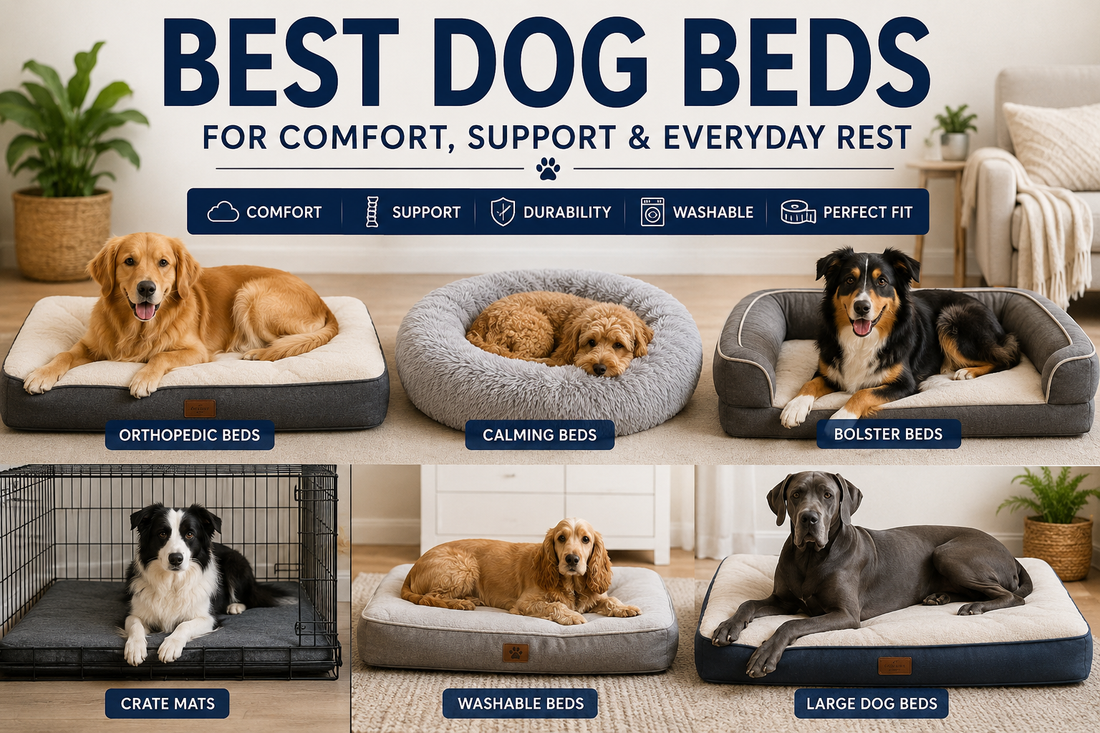 Best Dog Beds blog post image featuring multiple dogs resting on orthopedic beds, calming beds, bolster beds, crate mats, washable beds, and large dog beds in a clean home setting.
