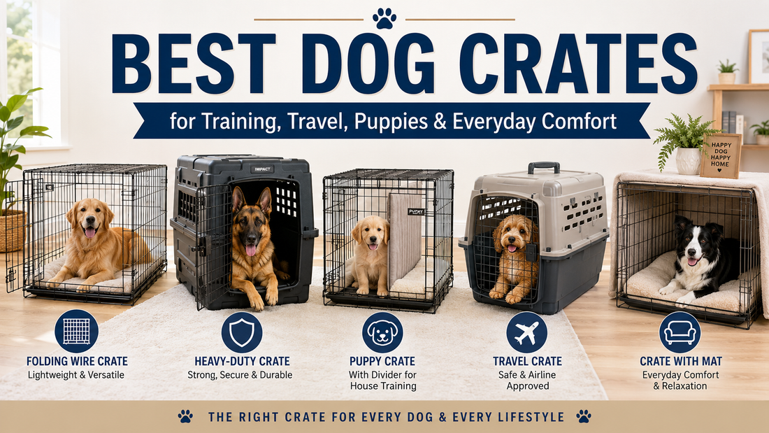Best Dog Crates buying guide image featuring dogs near wire crates, folding dog crates, heavy-duty crates, travel crates, crate mats, and indoor kennel setups in a clean home setting.