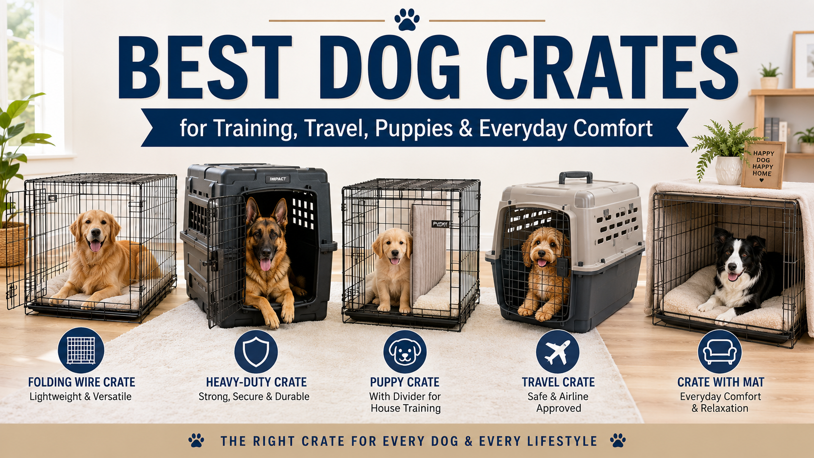 Best Dog Crates buying guide image featuring dogs near wire crates, folding dog crates, heavy-duty crates, travel crates, crate mats, and indoor kennel setups in a clean home setting.