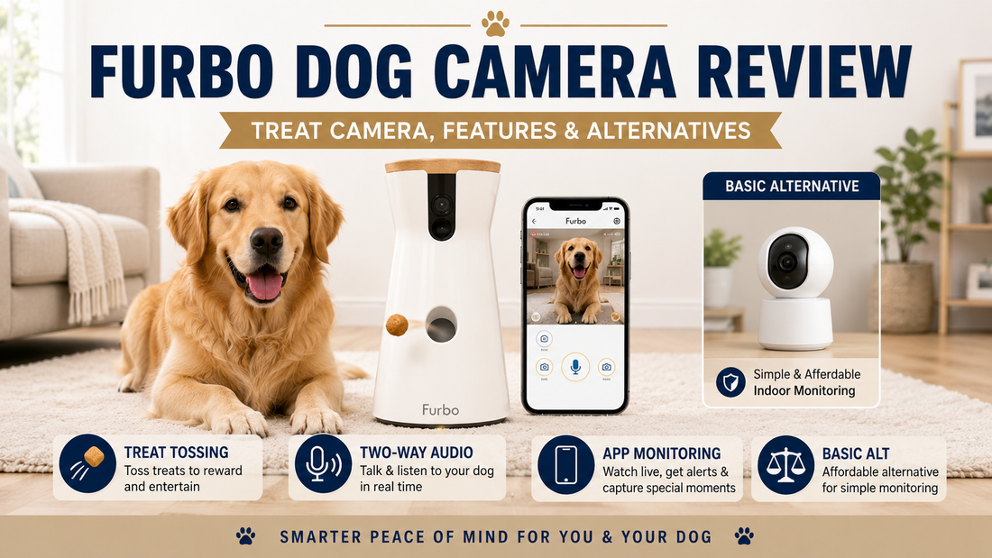 Furbo Dog Camera review image featuring a dog beside a smart treat-tossing pet camera, indoor pet camera, phone app controls, treats, and home monitoring setup.