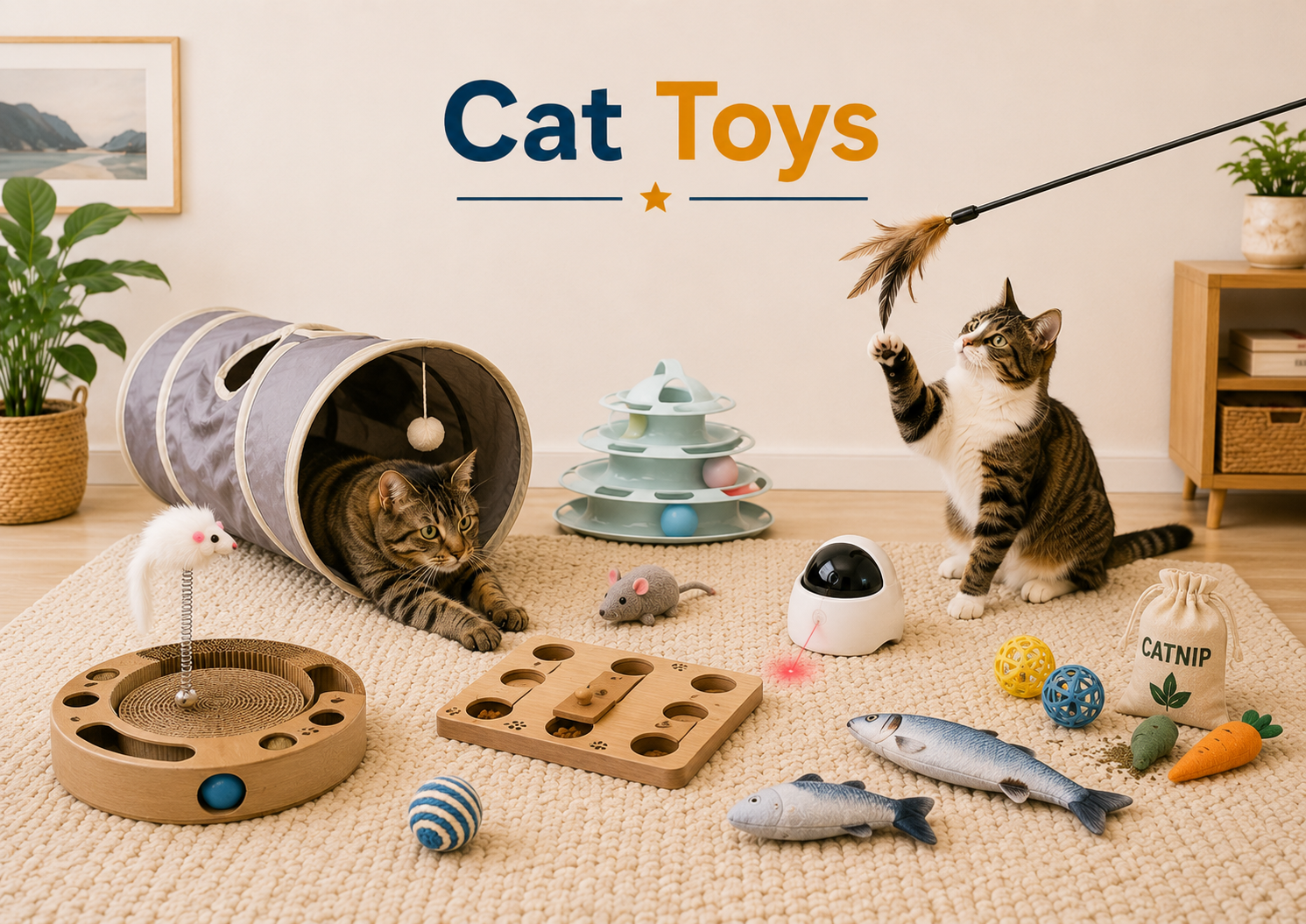 Cat Toys collection image featuring cats playing with interactive toys, teaser wands, catnip toys, balls, tunnels, chase toys, puzzle toys, and indoor enrichment products in a bright home setting.