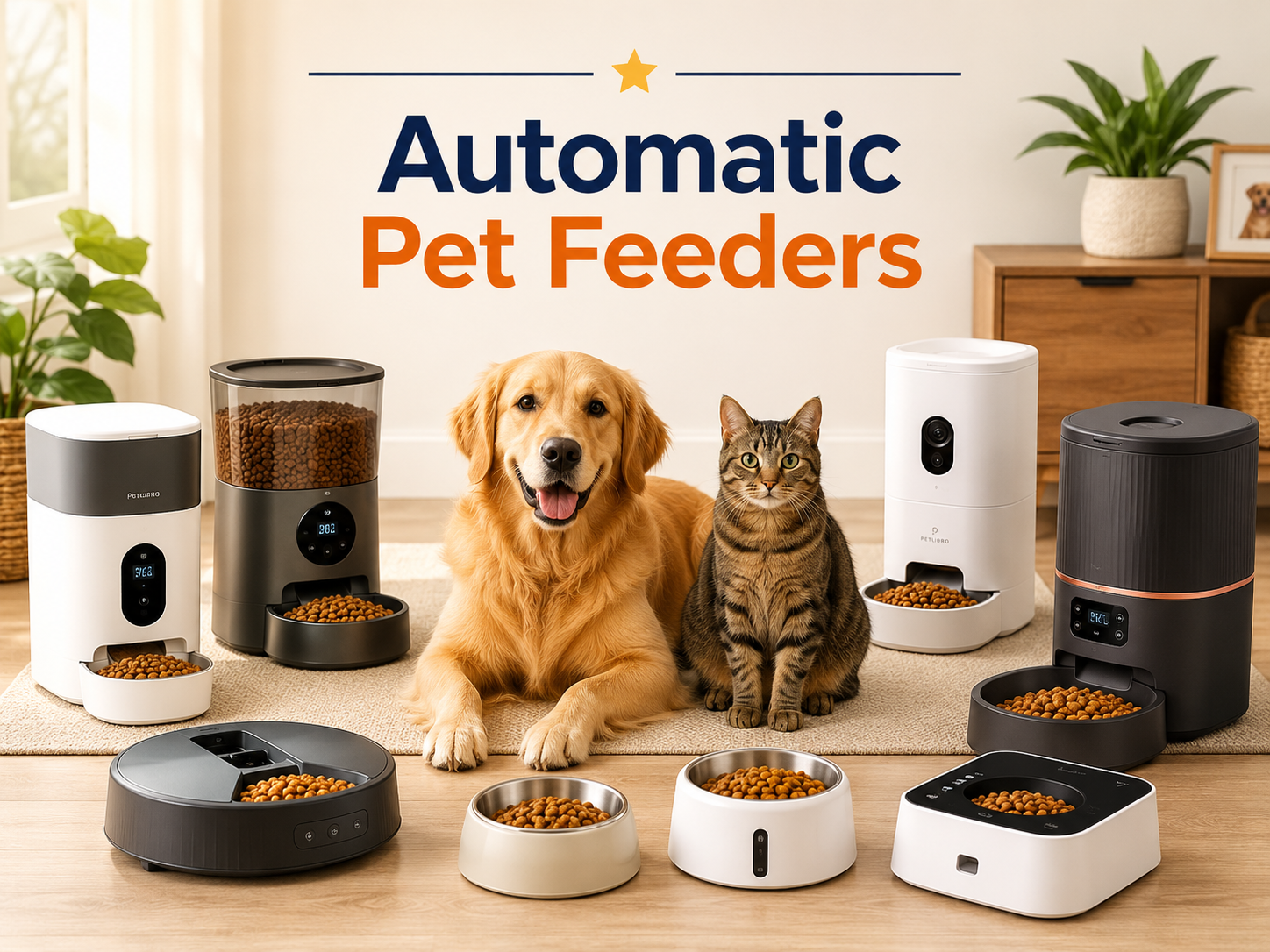 Automatic Pet Feeders collection image featuring a dog and cat beside modern automatic pet feeders, timed food dispensers, portion-control feeders, smart WiFi feeders, food bowls, and clean feeding station products in a bright home setting.