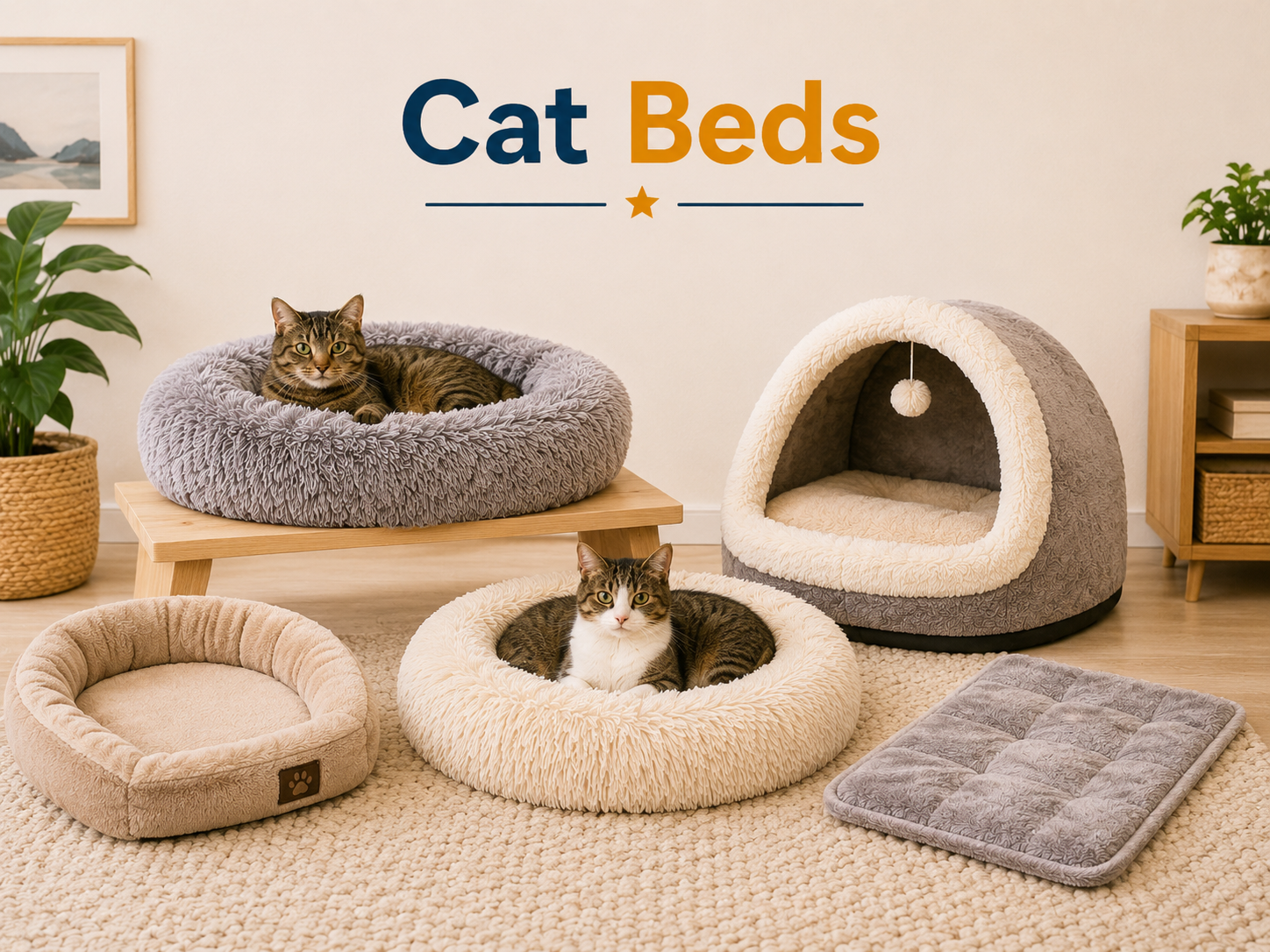 Cat Beds collection image featuring cats resting in cozy cat beds, cat caves, soft cushions, mats, calming beds, and plush sleeping spaces in a clean home setting.