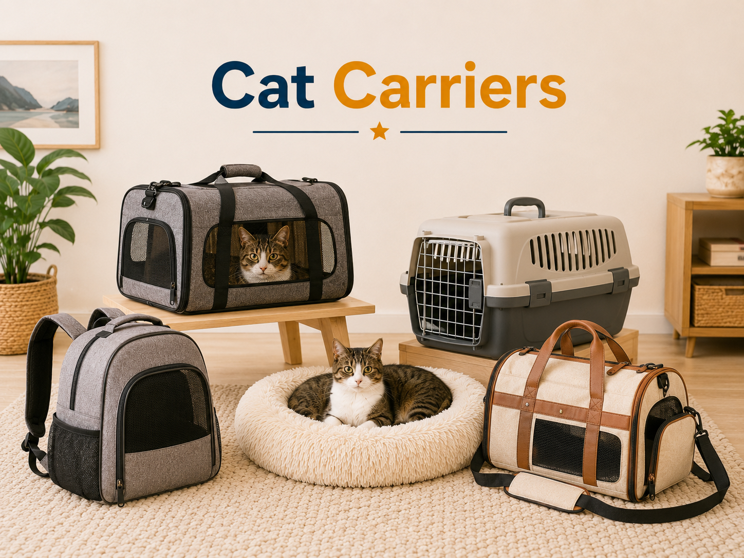 Cat Carriers collection image featuring cats beside soft-sided cat carriers, hard cat carriers, backpack carriers, travel bags, airline-style carriers, and comfortable transport gear in a clean home setting.