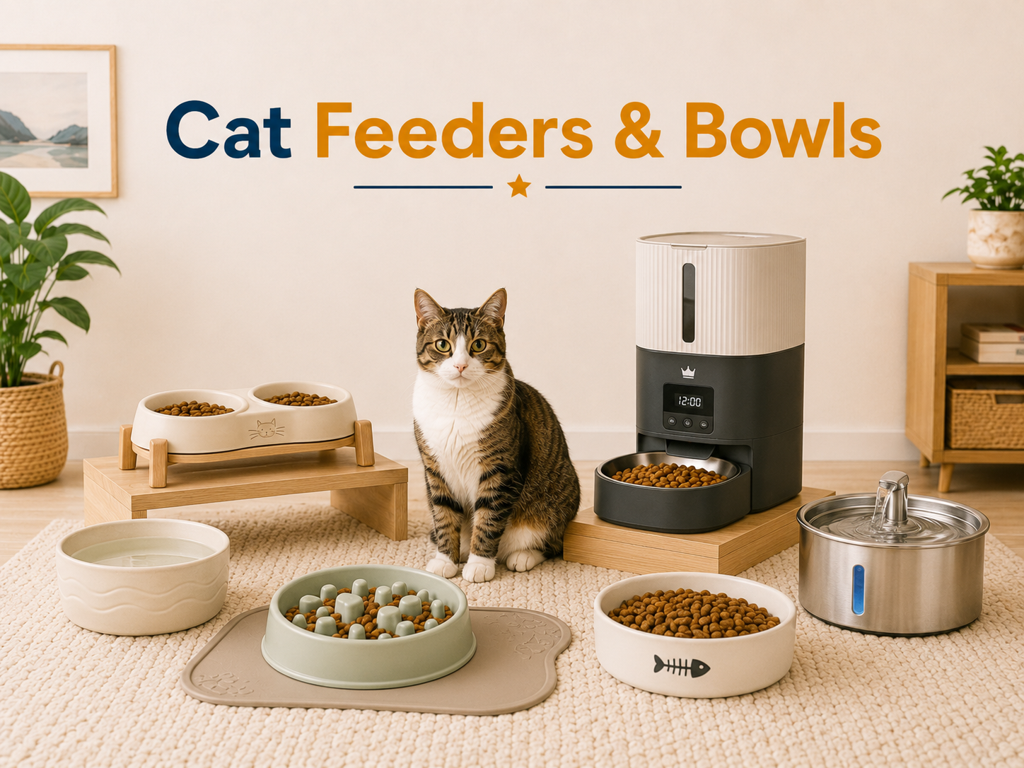 Cat Feeders & Bowls collection image featuring cats beside cat food bowls, water bowls, raised cat bowls, automatic feeders, slow feeders, feeding mats, and clean feeding station products in a bright home setting.