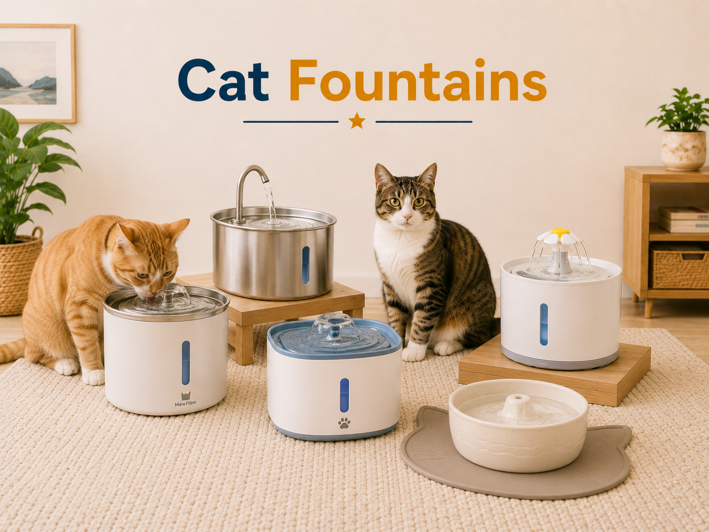 Cat Fountains collection image featuring cats beside cat water fountains, filtered drinking fountains, stainless steel fountains, quiet fountains, bowls, and clean hydration products in a bright home setting.