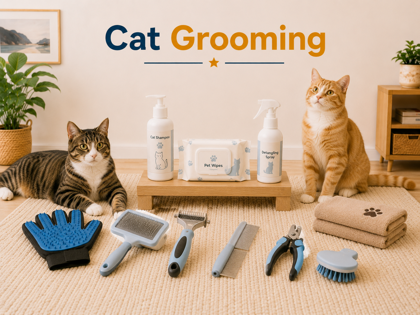 Cat Grooming collection image featuring cats beside grooming brushes, combs, deshedding tools, nail clippers, grooming gloves, wipes, shampoos, towels, and everyday cat coat care products in a clean home setting.