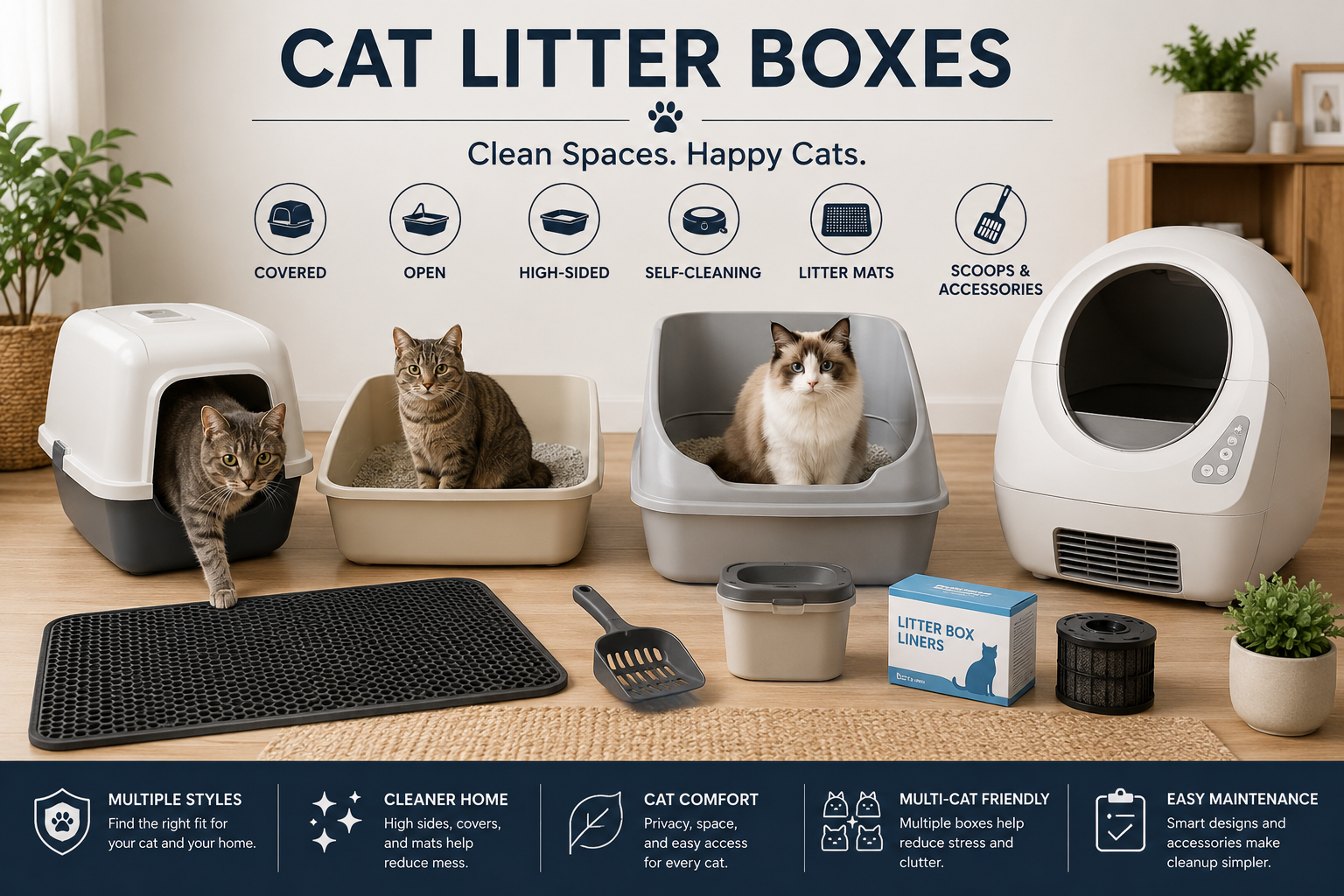 Cat Litter Boxes collection image featuring cats beside clean covered litter boxes, open litter pans, high-sided litter boxes, self-cleaning litter boxes, litter mats, scoops, and cat bathroom accessories in a modern home setting.