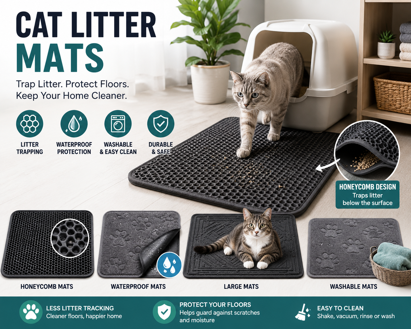 Cat Litter Mats collection image featuring cats beside litter trapping mats, waterproof litter mats, honeycomb mats, washable mats, litter boxes, scoops, and clean cat bathroom setup products in a modern home setting.
