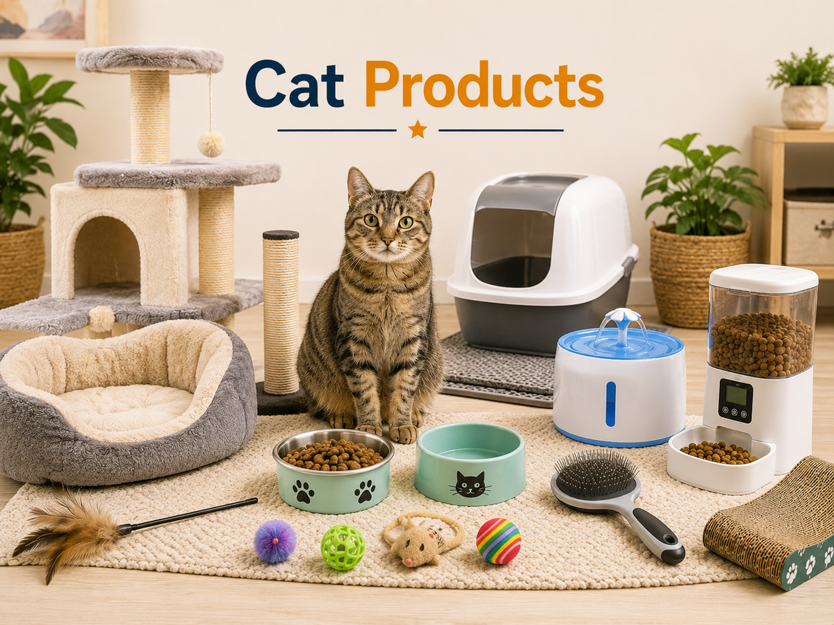 Cat Products collection image featuring a tabby cat surrounded by cat essentials including a cat tree, litter box, scratching post, cat bed, carrier, feeder bowl, water fountain, toys, grooming brush, and cat tunnel.
