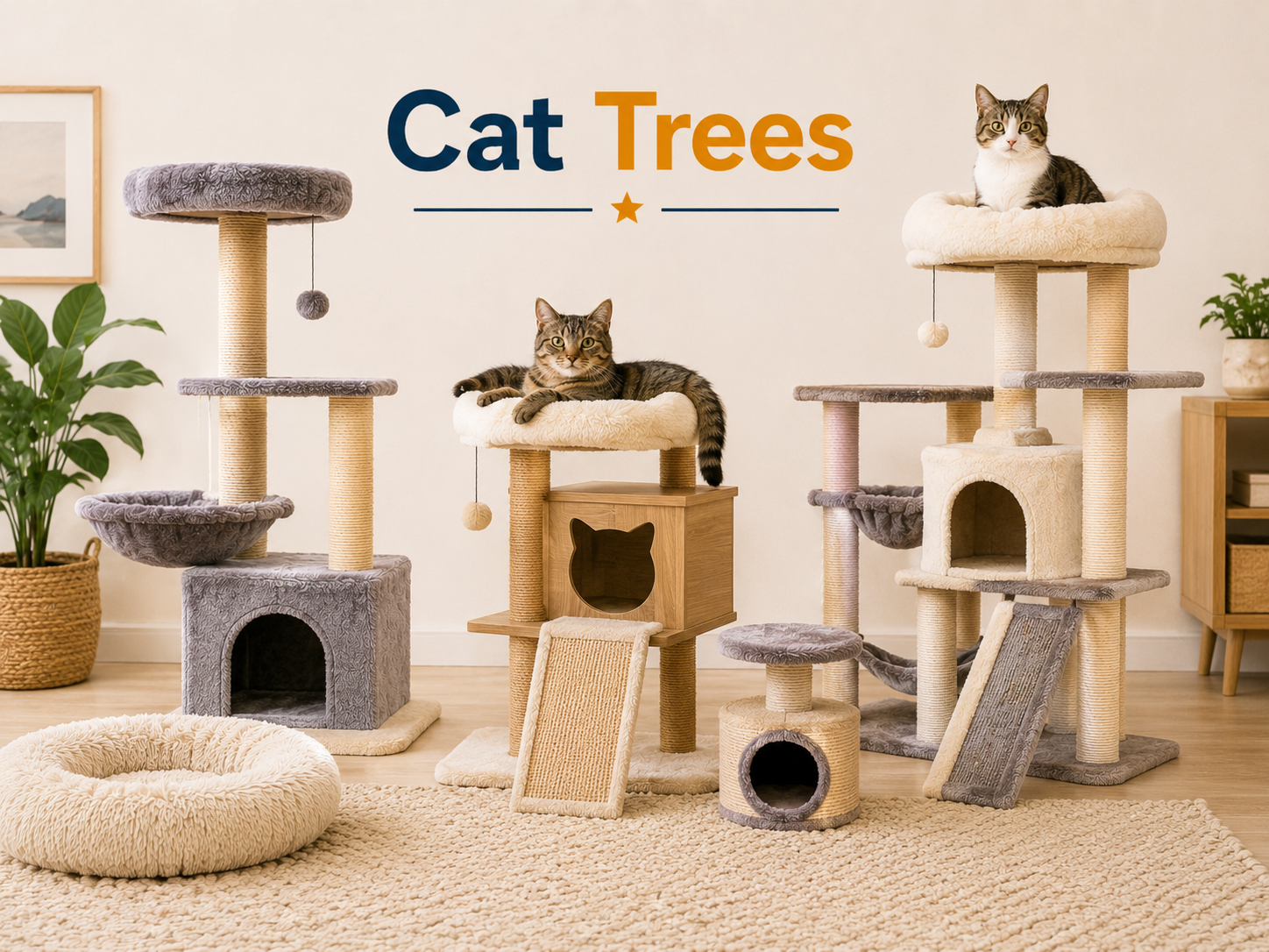 Cat Trees collection image featuring indoor cats using cat trees, climbing towers, scratching posts, condos, perches, platforms, and cat furniture in a clean home setting.