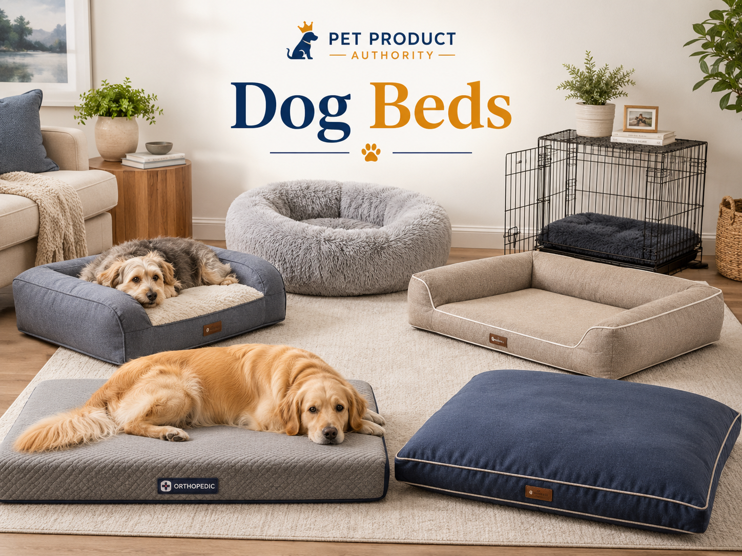 Dog Beds collection image featuring dogs resting on orthopedic dog beds, calming beds, washable beds, crate mats, bolster beds, large dog beds, puppy beds, and cozy indoor comfort products in a clean home setting.