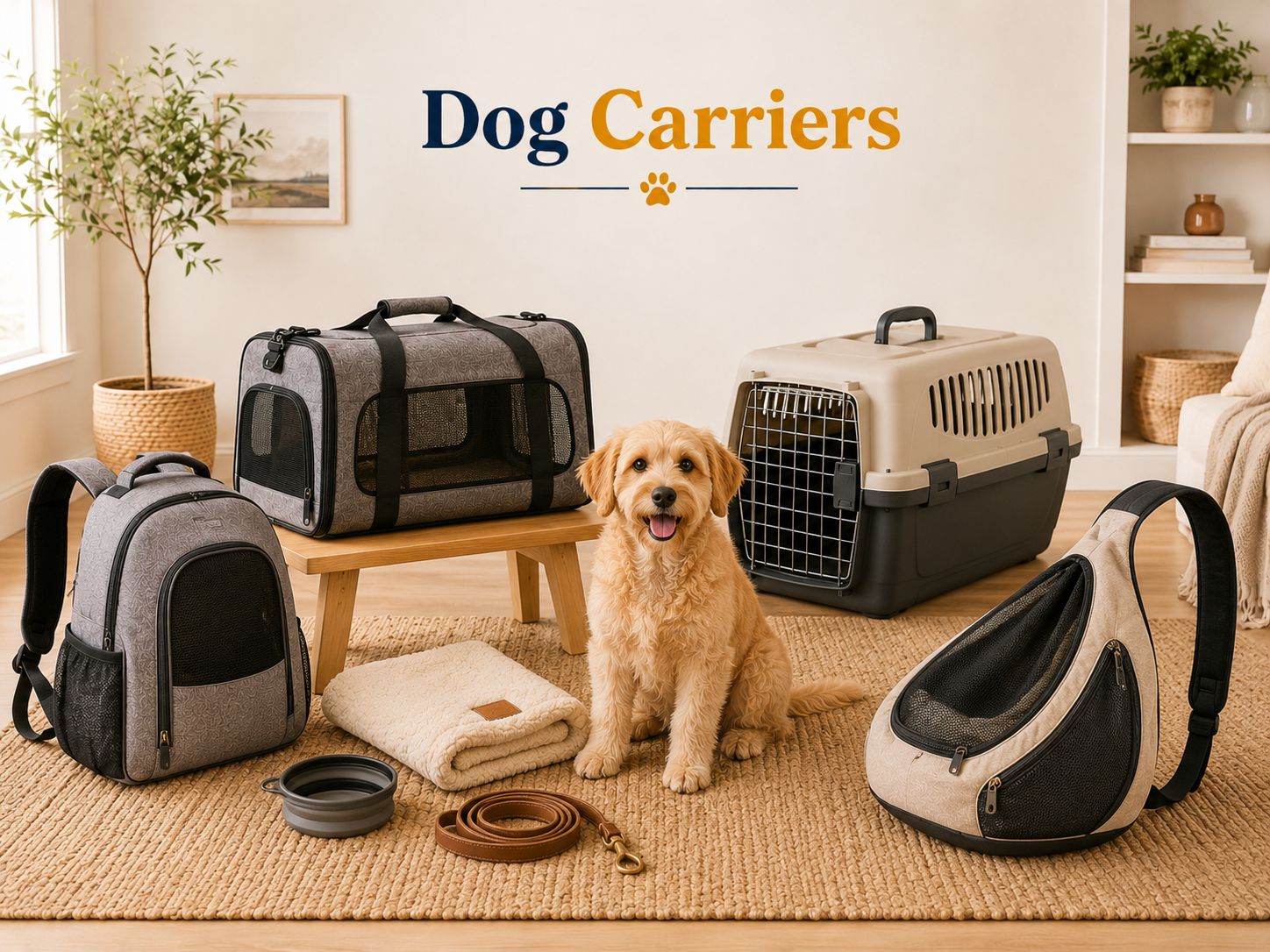 Dog Carriers collection image featuring dogs beside soft-sided dog carriers, backpack carriers, sling carriers, travel bags, airline-style carriers, and comfortable small dog transport products in a clean home setting.