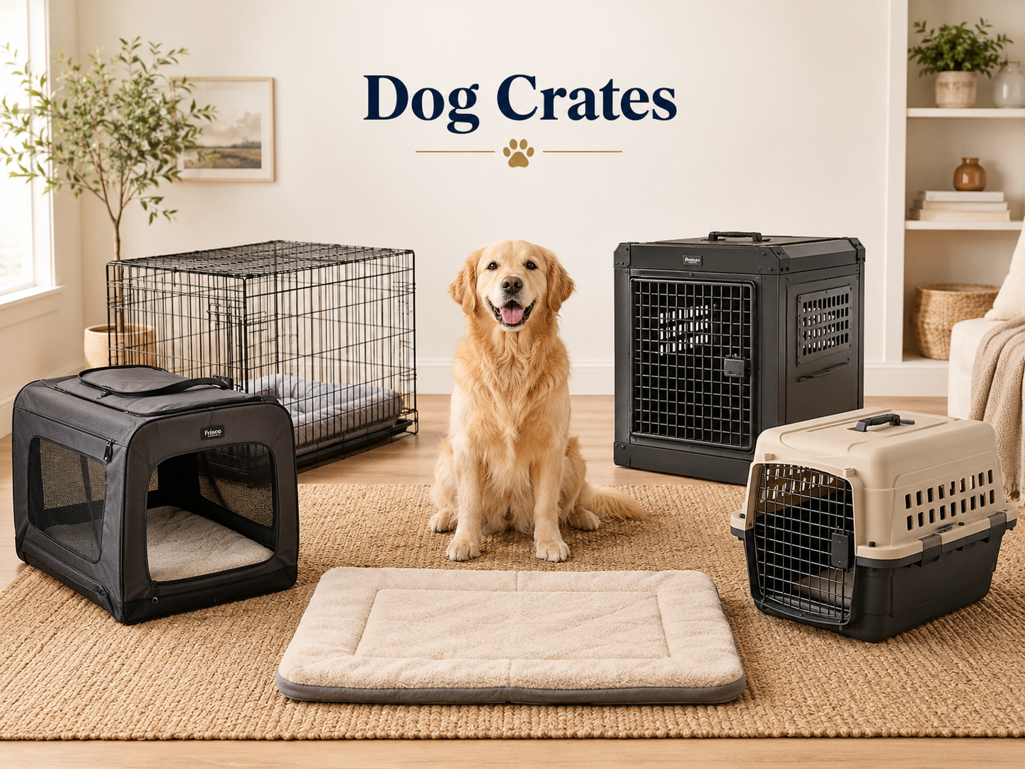 Dog Crates collection image featuring dogs beside wire dog crates, folding crates, heavy-duty crates, puppy crates, travel crates, indoor kennels, crate mats, and comfortable crate training products in a clean home setting.