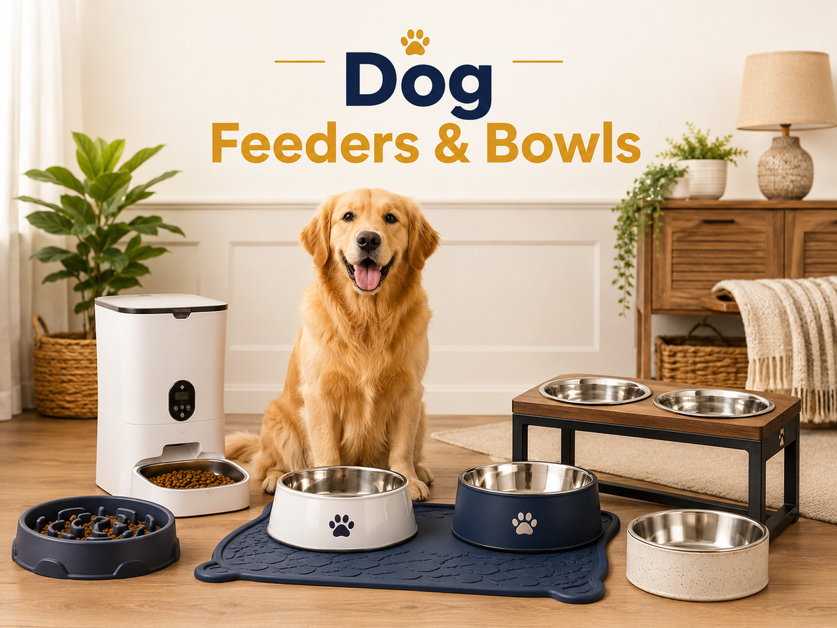 Dog Feeders & Bowls collection image featuring dogs beside dog food bowls, water bowls, raised dog bowls, automatic feeders, slow feeders, feeding mats, and clean feeding station products in a bright home setting.
