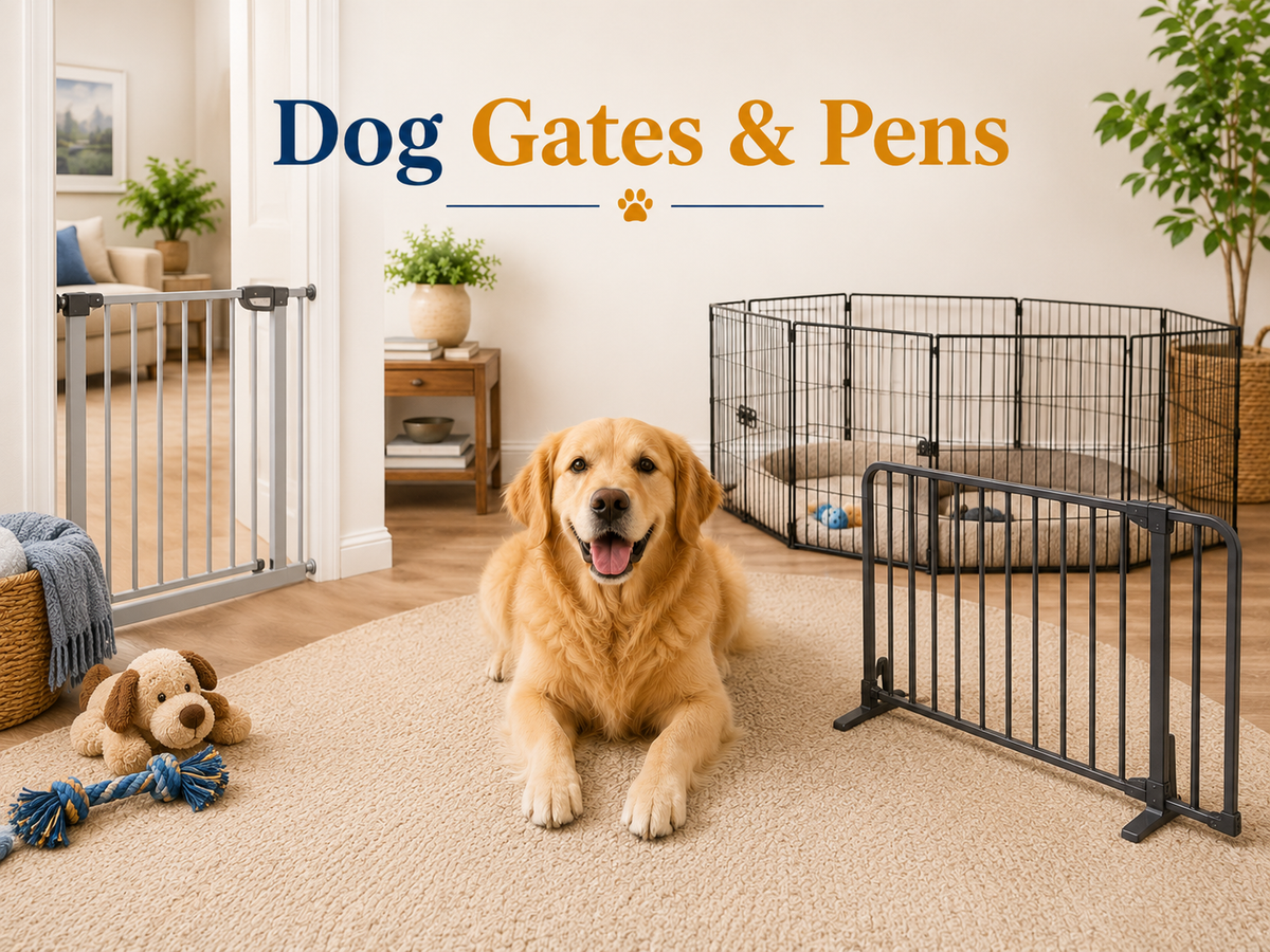 Dog Gates & Pens collection image featuring dogs beside indoor dog gates, puppy playpens, freestanding pet barriers, safety gates, containment fences, and home setup products in a clean modern room.