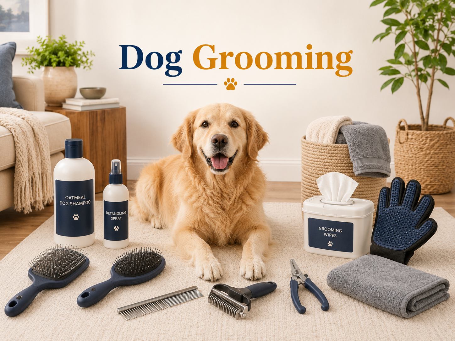 Dog Grooming collection image featuring dogs beside grooming brushes, combs, deshedding tools, nail clippers, shampoos, wipes, grooming gloves, towels, and everyday dog coat care products in a clean home setting.
