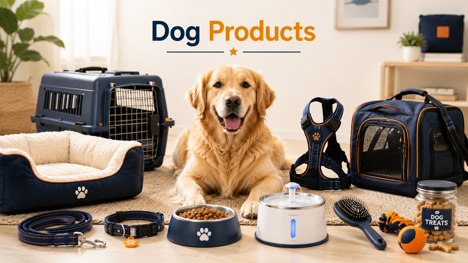 Dog Products collection image featuring a happy dog surrounded by dog essentials including a bed, crate, leash, collar, feeder bowl, water fountain, grooming brush, toys, gate, and travel carrier.