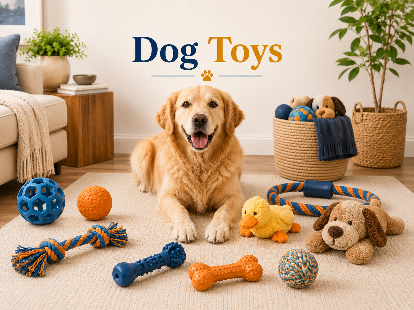 Dog Toys collection image featuring dogs playing with chew toys, rope toys, balls, plush toys, tug toys, squeaky toys, puppy toys, training toys, and interactive dog toys in a bright home setting.
