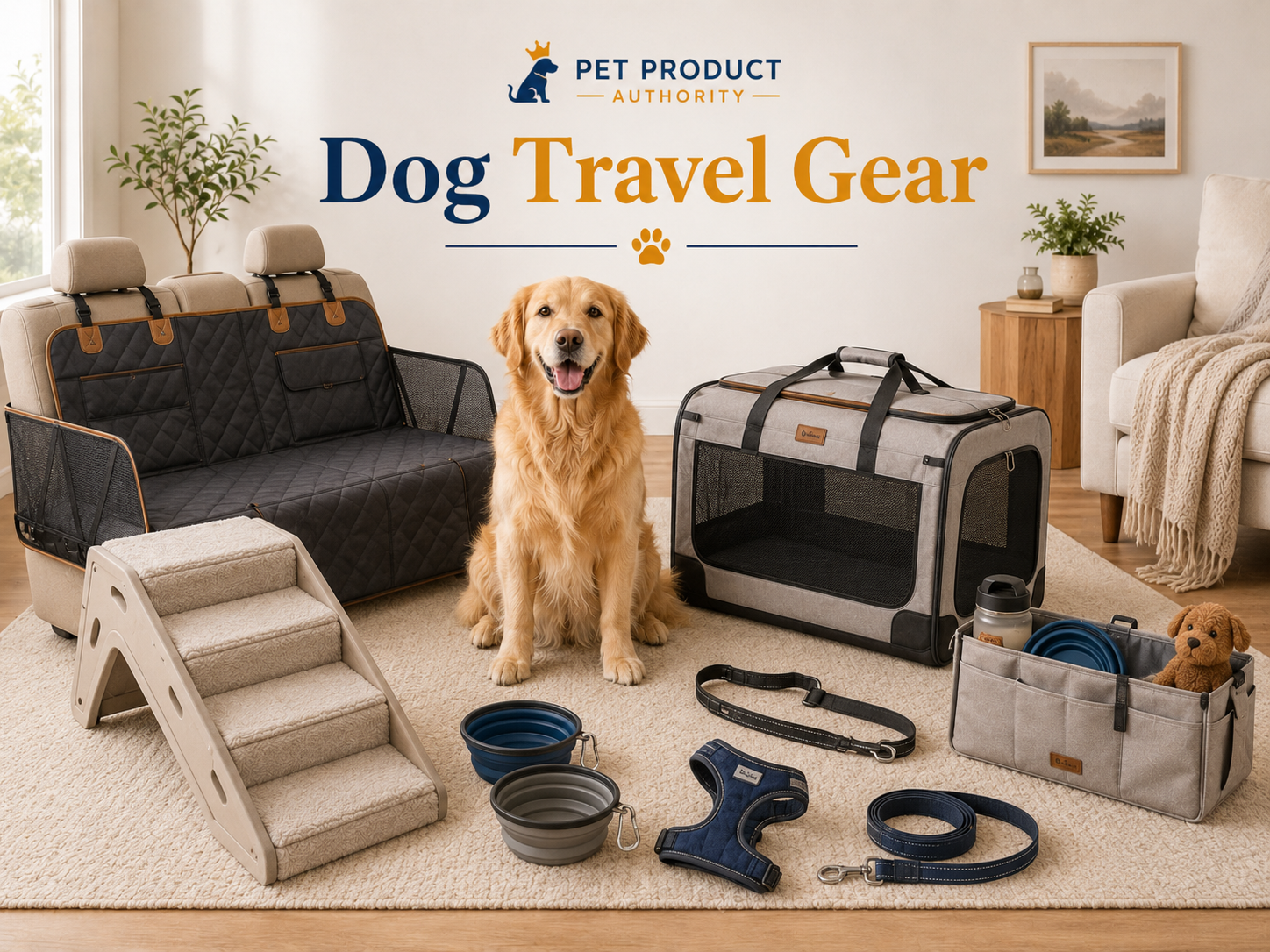 Dog Travel Gear collection image featuring dogs beside car seat covers, dog ramps, steps, travel bowls, carriers, travel crates, seat belts, leashes, and road-trip accessories in a clean travel-ready home setting.