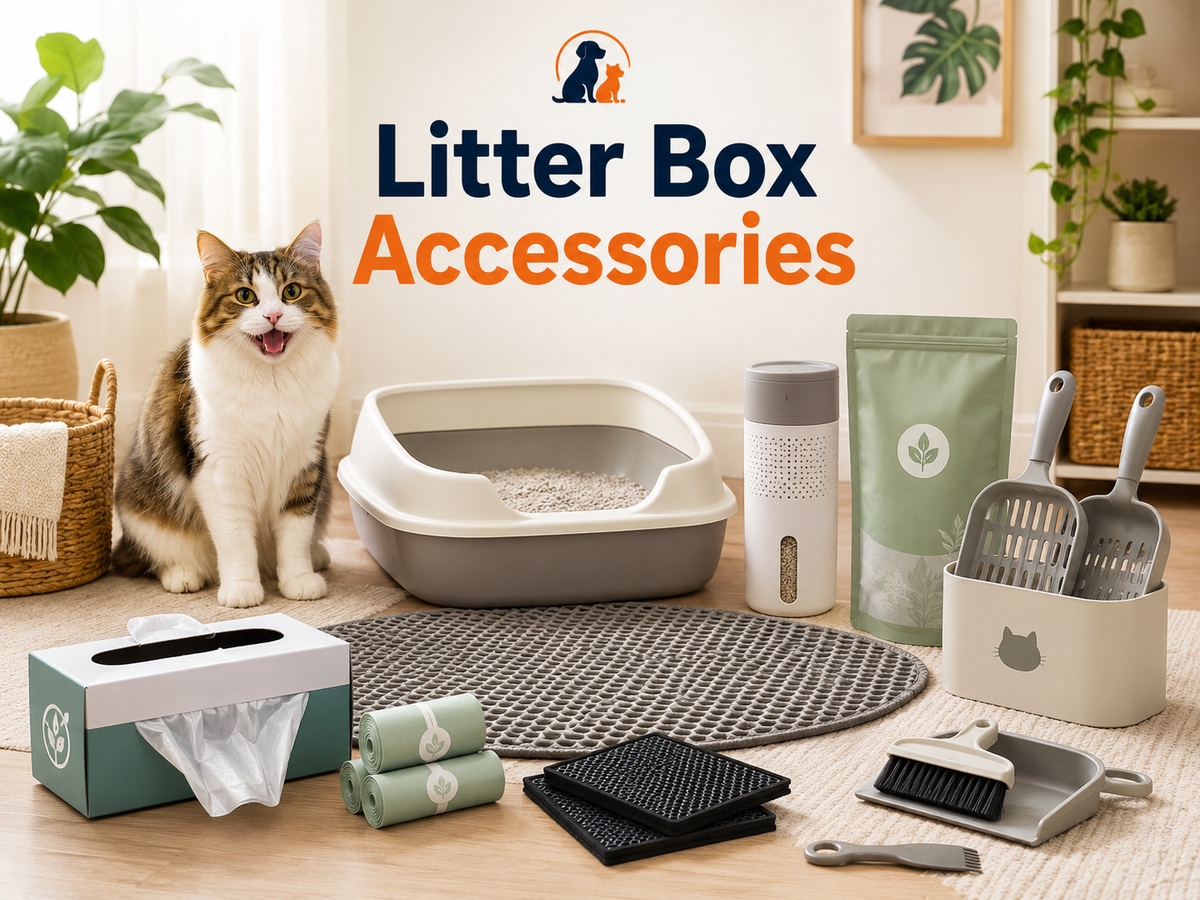 Litter Box Accessories collection image featuring cat litter scoops, liners, filters, waste bags, deodorizer products, litter mats, cleaning tools, and organized cat bathroom accessories in a modern home setting.