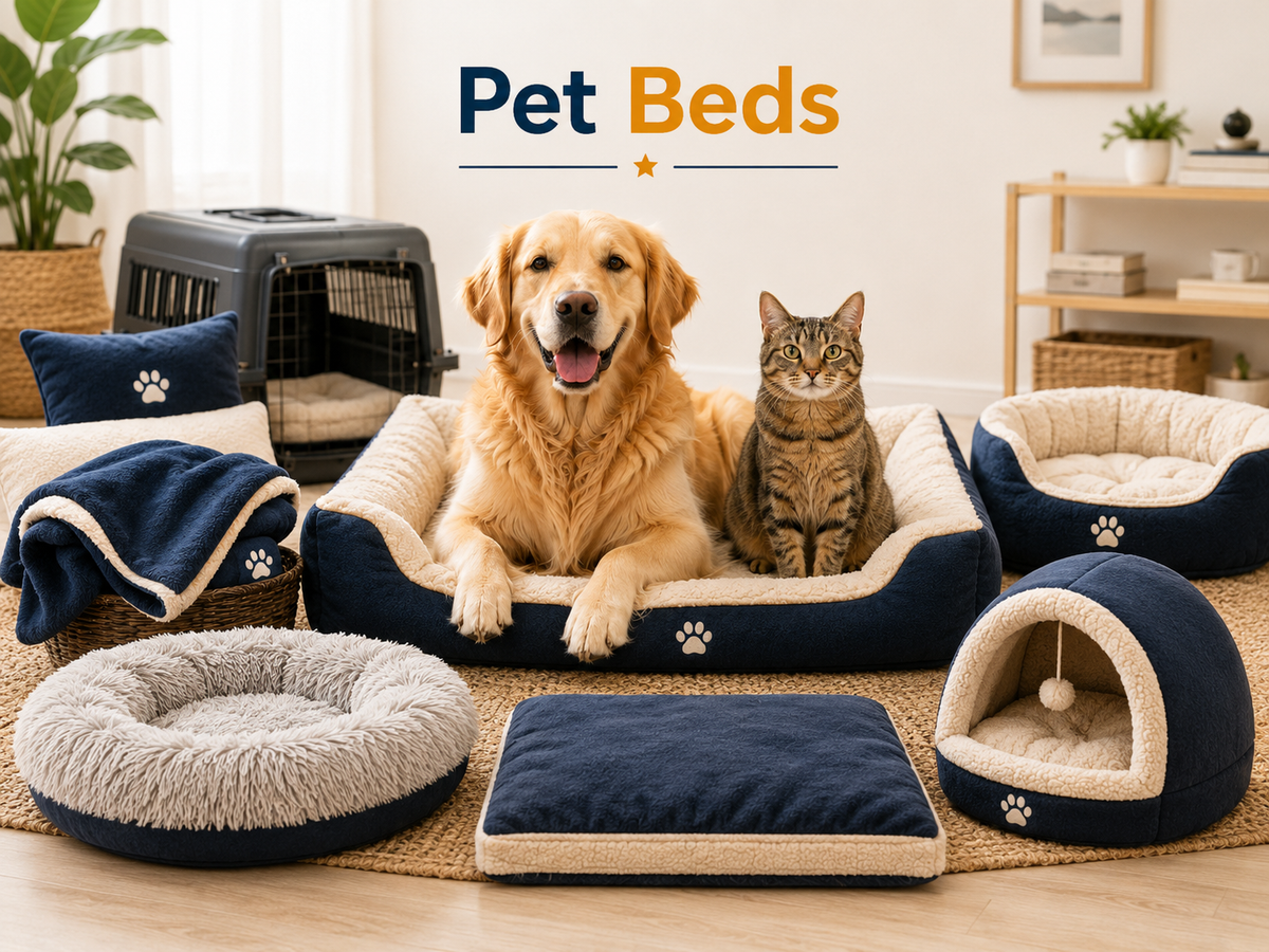 Pet Beds collection image featuring a dog and cat resting near cozy pet beds, calming beds, crate mats, plush cushions, cat caves, blankets, and soft sleeping products in a clean home setting.