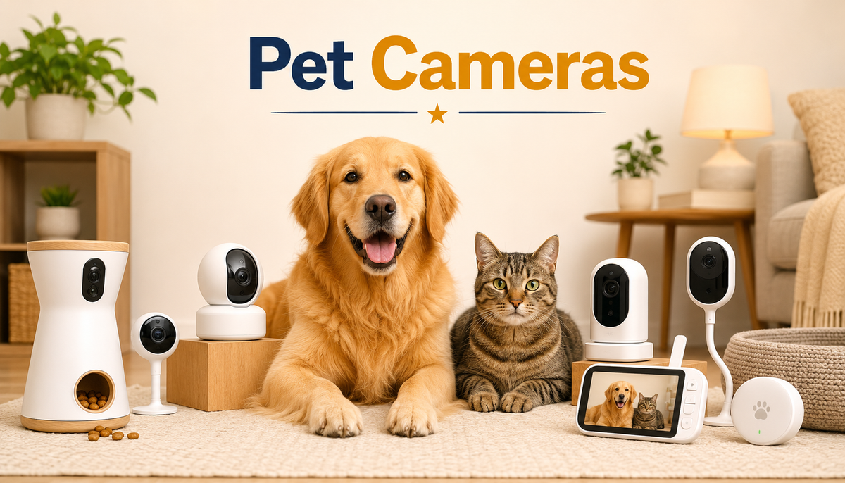 Pet Cameras collection image featuring a dog and cat in a clean home setting beside indoor pet cameras, WiFi monitors, treat cameras, two-way audio devices, smart home cameras, and pet monitoring accessories.