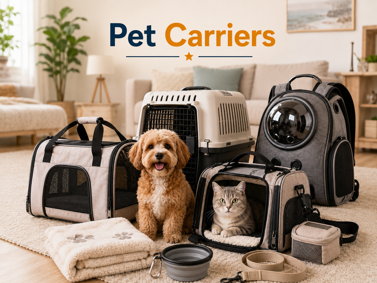 Pet Carriers collection image featuring a dog and cat beside soft-sided pet carriers, hard travel crates, backpack carriers, airline-style travel bags, portable bowls, leashes, and travel accessories in a clean home setting.