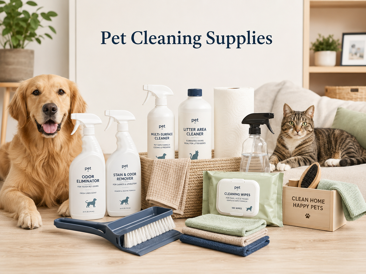 Pet Cleaning Supplies collection image featuring dogs and cats beside odor control sprays, stain removers, wipes, litter area cleaners, carpet cleaners, floor cleaners, towels, and pet mess cleanup tools in a clean home setting.