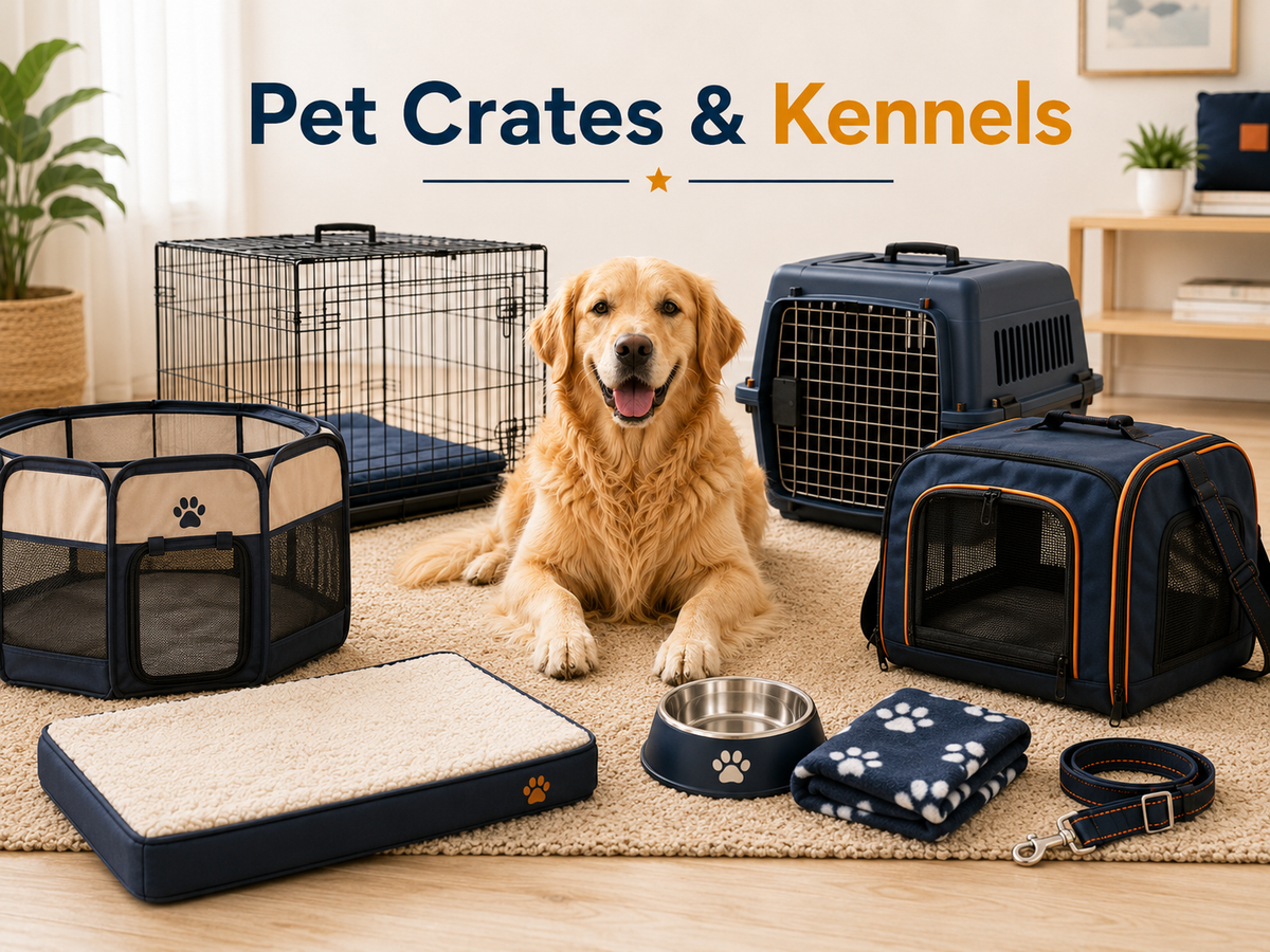 Pet Crates & Kennels collection image featuring a dog near indoor pet crates, kennels, crate mats, travel carriers, playpens, and secure pet enclosure products in a clean home setting.