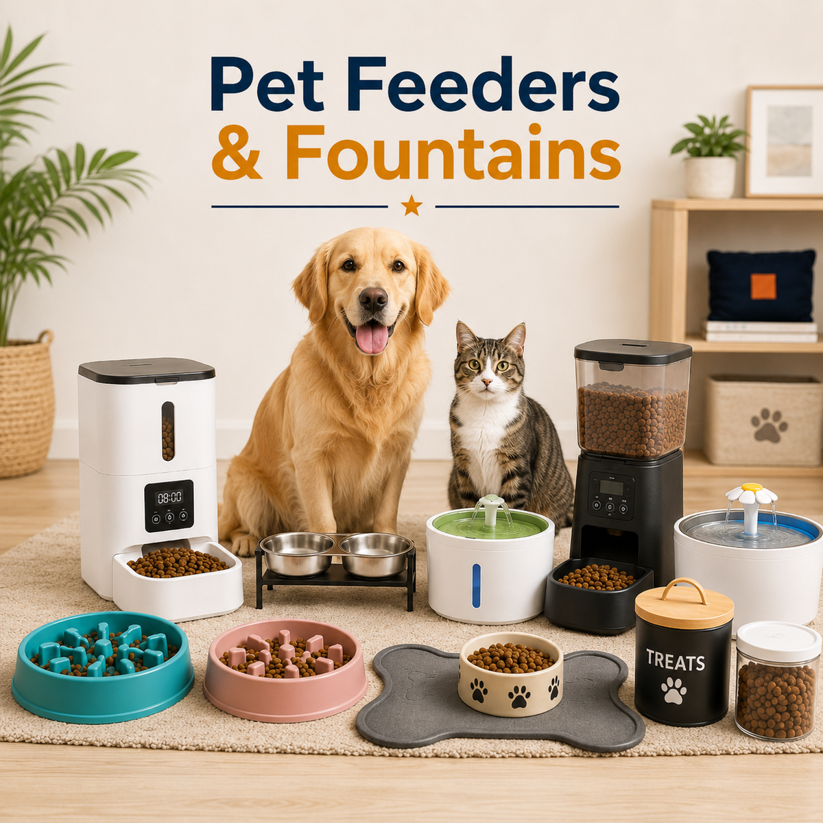 Pet Feeders & Fountains collection image featuring a dog and cat beside automatic feeders, food bowls, slow feeders, raised bowls, pet water fountains, feeding mats, treat containers, and clean feeding station products.