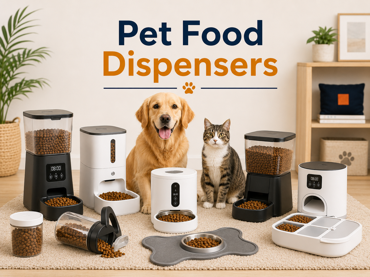 Pet Food Dispensers collection image featuring dogs and cats beside dry food dispensers, gravity feeders, automatic feeders, portion feeders, bowls, and clean feeding station products in a bright home setting.