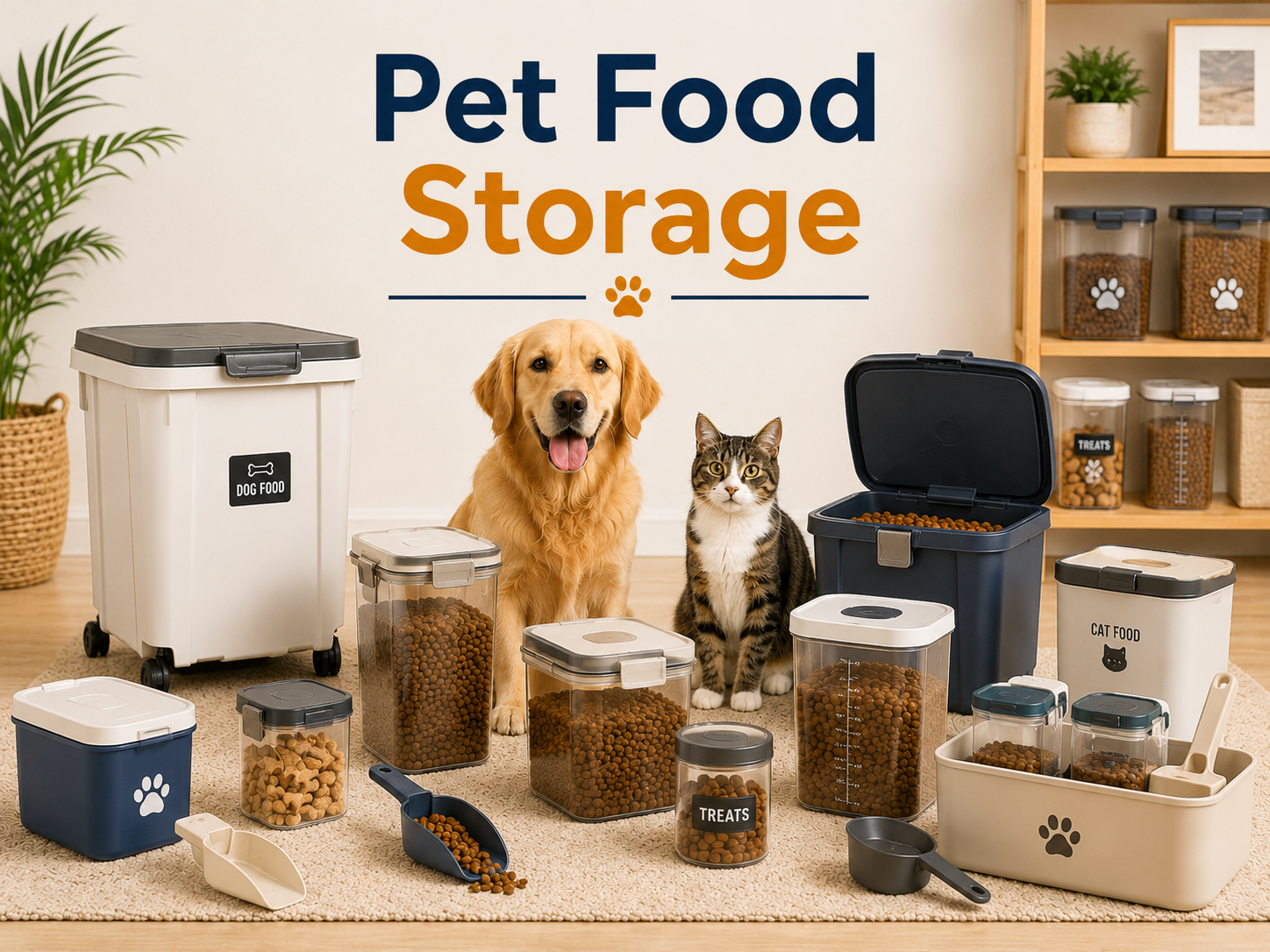 Pet Food Storage collection image featuring dogs and cats beside airtight pet food containers, dog food bins, cat food storage containers, treat jars, scoops, storage tubs, and organized pantry products in a clean home setting.
