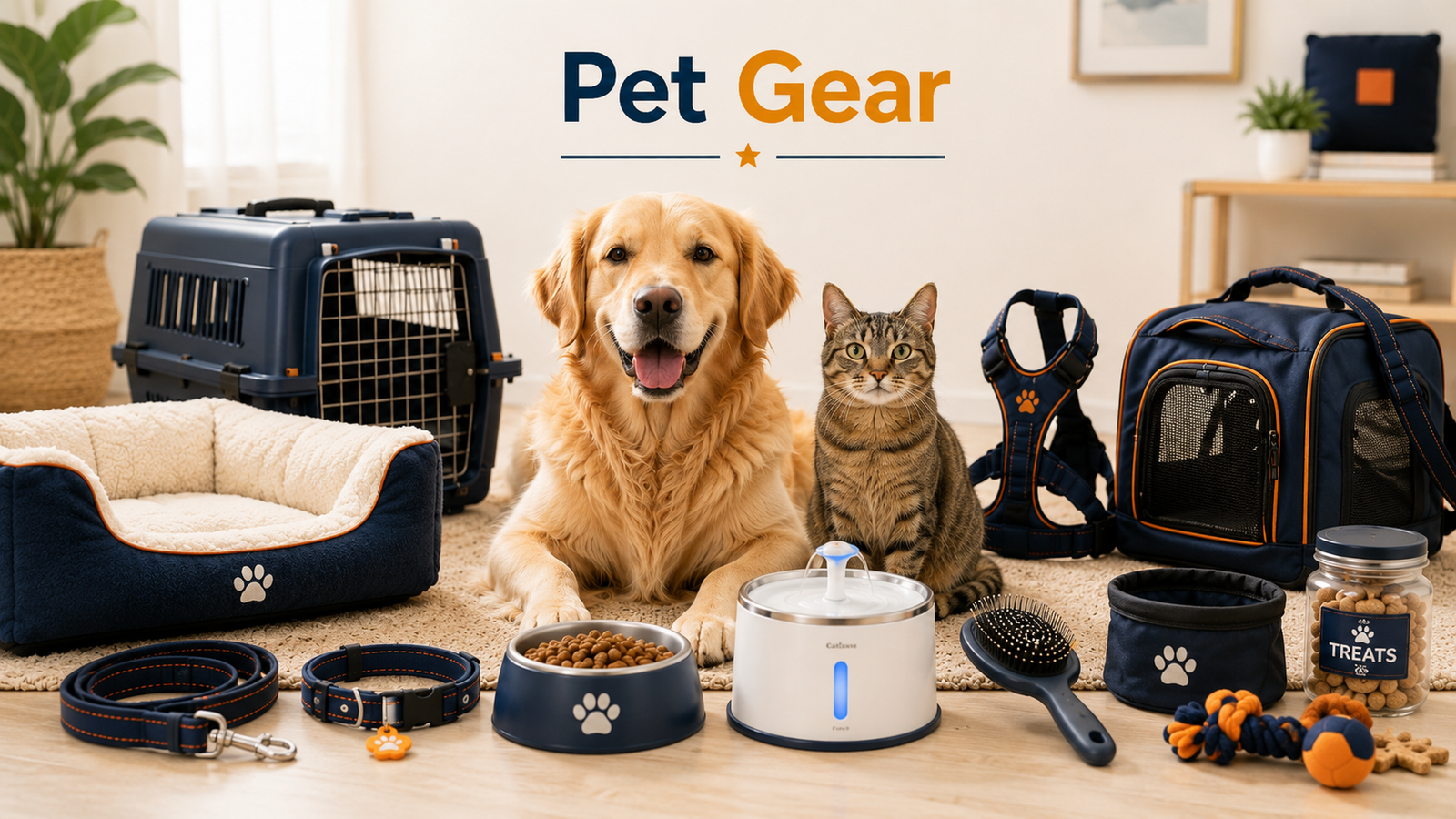 Pet Gear collection image featuring a dog and cat surrounded by everyday pet gear including a pet bed, crate, carrier, feeder bowl, water fountain, grooming brush, toys, leash, collar, gate, and travel accessories.