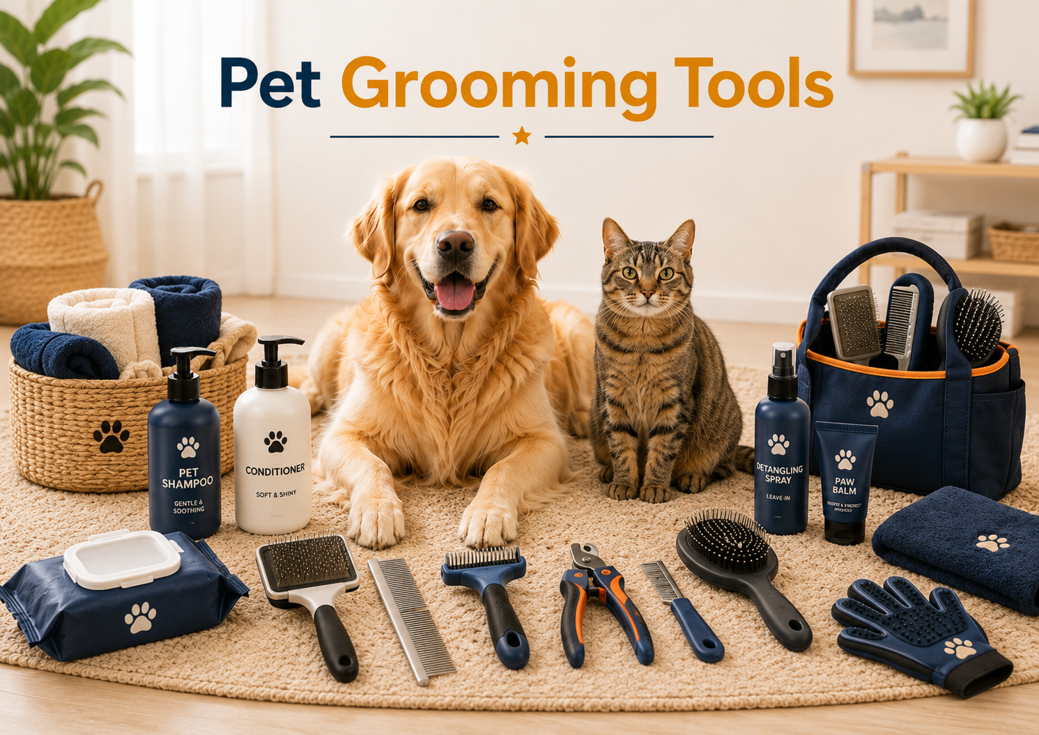 Pet Grooming Tools collection image featuring a dog and cat beside grooming essentials including brushes, combs, nail clippers, deshedding tools, shampoo bottles, wipes, towels, and pet grooming accessories in a clean home setting.