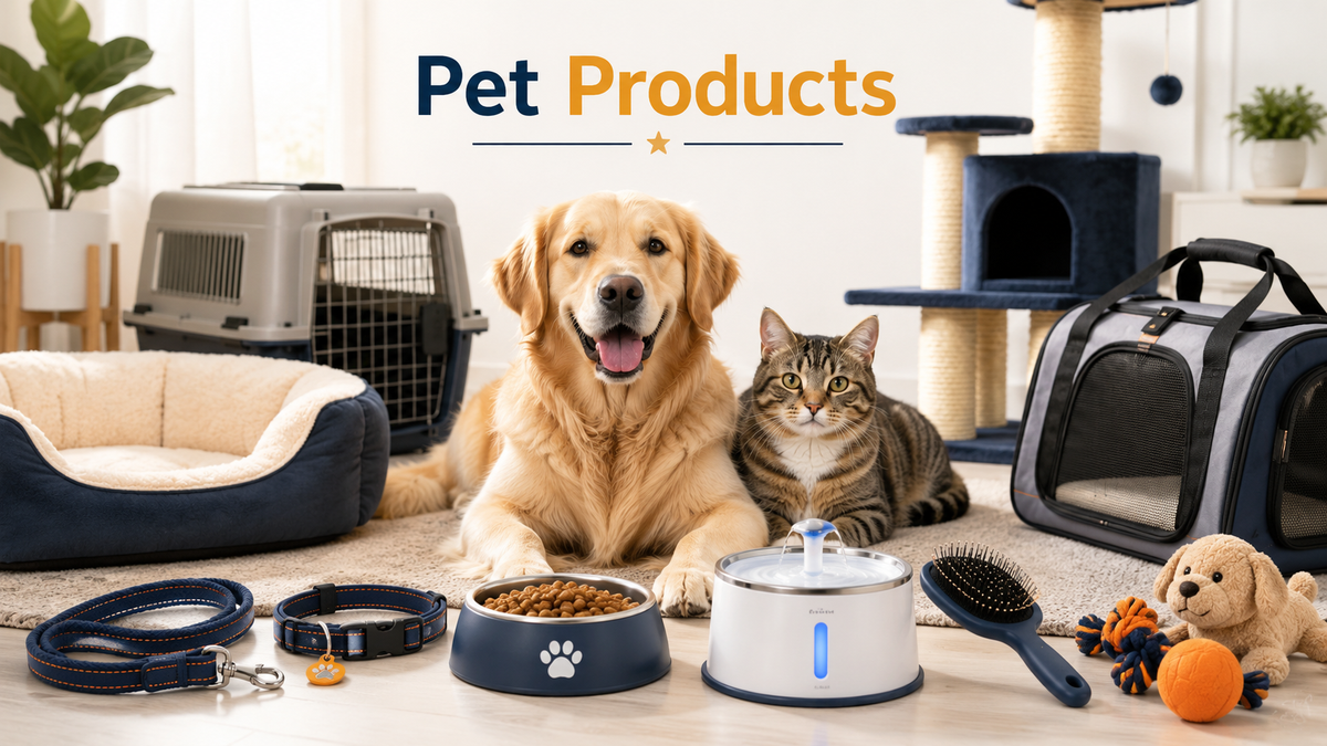 Pet Products collection image showing a golden retriever and tabby cat surrounded by pet essentials including a bed, crate, cat tree, carrier, leash, collar, food bowl, water fountain, brush, and toys.