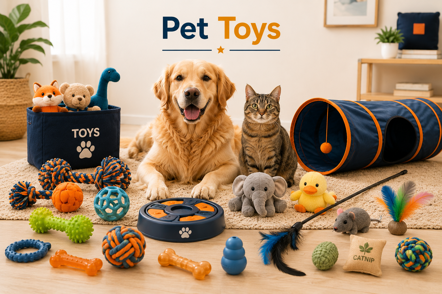 Pet Toys collection image featuring a dog and cat surrounded by colorful pet toys including chew toys, rope toys, balls, plush toys, catnip toys, teaser wands, tunnels, puzzle toys, and interactive play products.