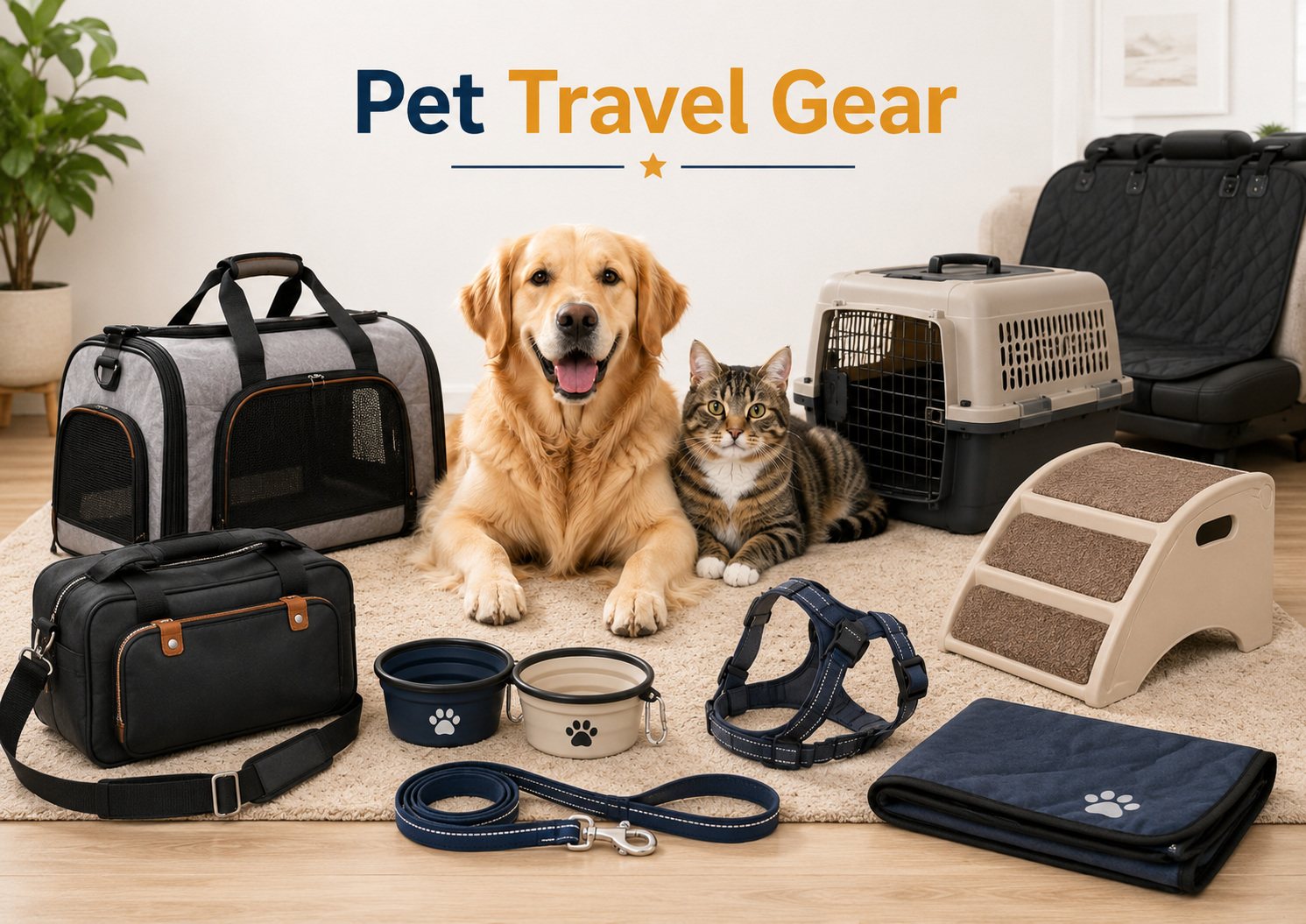 Pet Travel Gear collection image featuring a dog and cat beside travel-ready pet products including carriers, car seat covers, portable bowls, travel crates, leashes, ramps, steps, blankets, and road-trip accessories in a clean home setting.