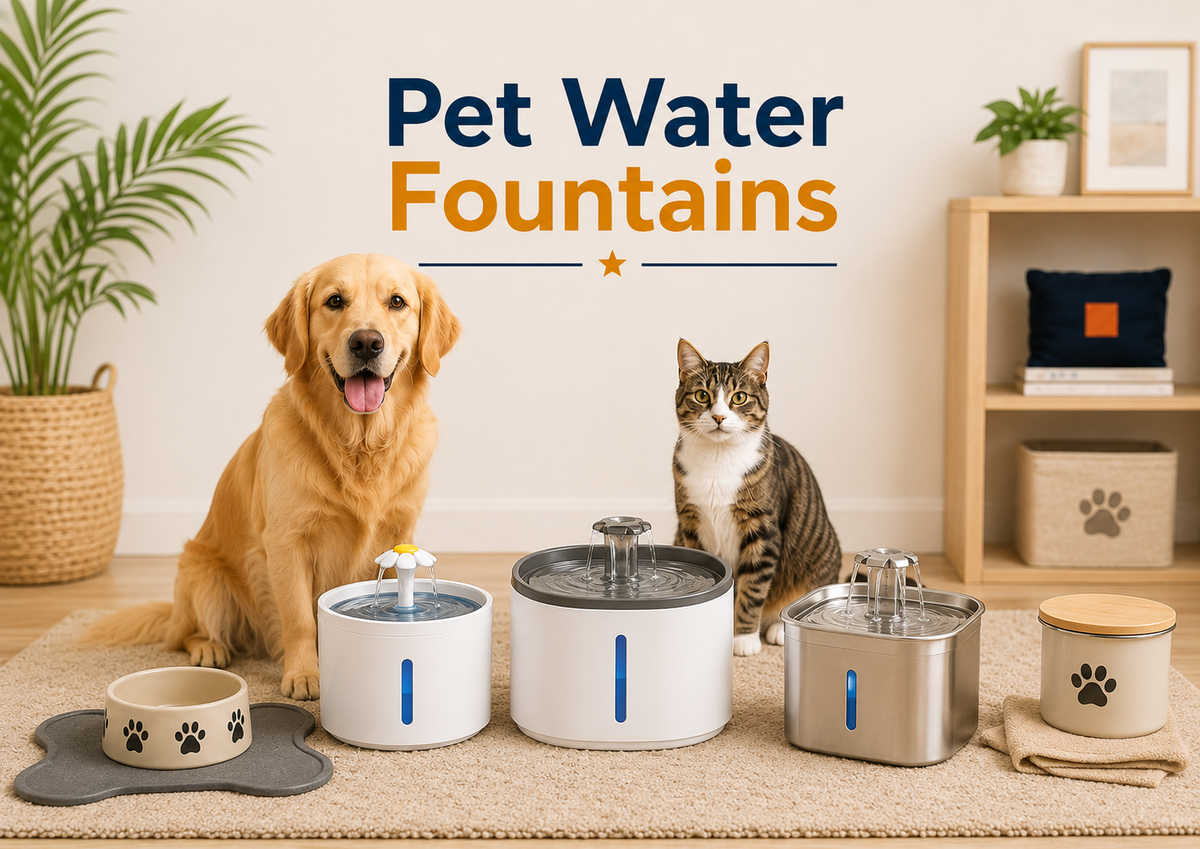 Pet Water Fountains collection image featuring a dog and cat beside modern pet drinking fountains, filtered water fountains, bowls, hydration products, and clean feeding station accessories in a bright home setting.