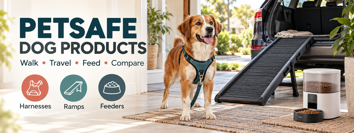 PetSafe Dog Products banner featuring a dog in a walking harness beside a vehicle ramp and automatic feeder.