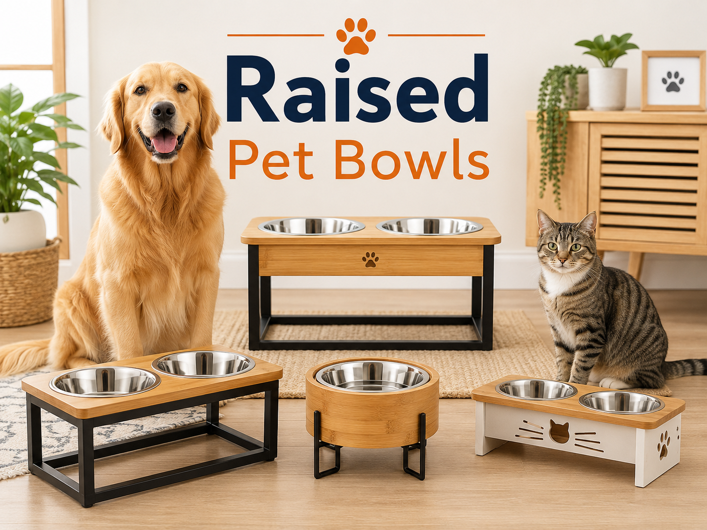 Raised Pet Bowls collection image featuring a dog and cat beside elevated feeding stands, raised food and water bowls, double bowl sets, bamboo bowl holders, stainless steel bowls, and clean feeding station products in a bright home setting.