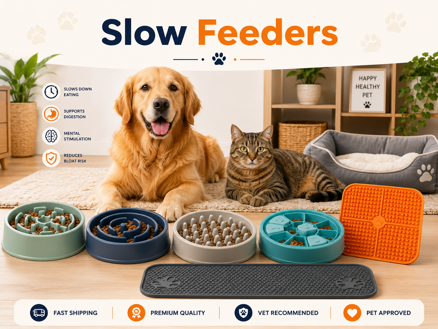 Slow Feeders collection image featuring a dog and cat beside slow feeder bowls, maze bowls, puzzle feeders, lick mats, feeding mats, and clean pet feeding products in a bright home setting.