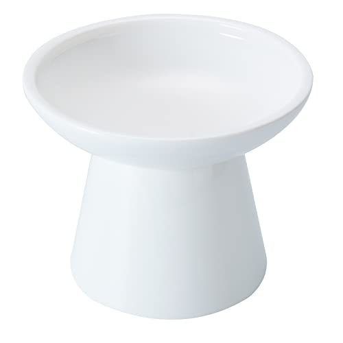 CEEFU Extra Wide Elevated Ceramic Cat Bowl - 6.2" Shallow Dish for Whisker Fatigue Relief, 5" Height for Easy Feeding, Lead & Cadmium Free, Durable Raised Cat Food Bowls, White