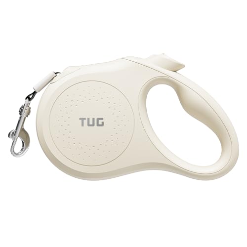 TUG Quest Retractable Dog Leash | 360° Tangle-Free Retraction | 16 ft Strong Nylon Tape (Small, Cream)