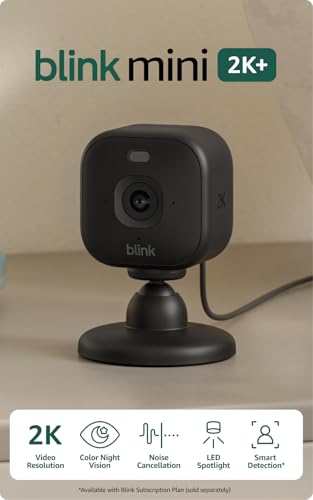 Blink Mini 2K+ (newest model) – Plug-in Home & Pet Indoor Security Camera with 2K video resolution, night vision, enhanced audio, motion detection – 1 camera (Black)