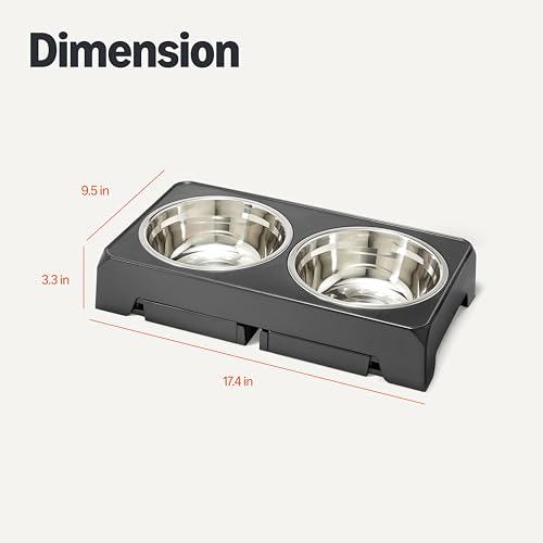 Amazon Basics Elevated Dog Bowls Stand, Height Adjustable Raised Pet Feeder Dish Station with Non-Slip Base, Stainless Steel Bowls, 17.3 x 9.4 x 12 in, Black