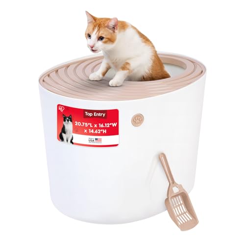IRIS USA Cat Litter Box Large Top Entry with Lid Enclosed Covered Hooded Design Litter Catching Scatter Shield Pan Dog Proof Pet Proof Scoop Included Odor Control for Indoor Cats Kittens Beige/White
