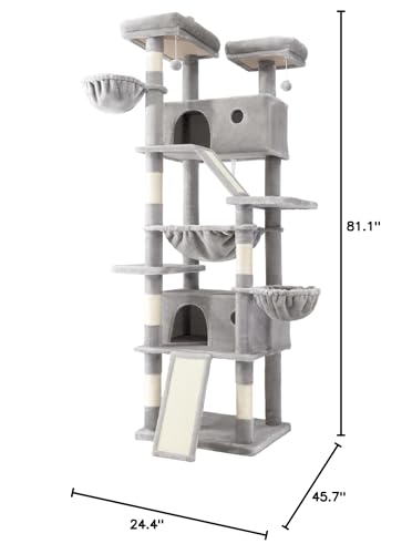 SHA CERLIN 81in Multi-Level Tall Cat Tree Tower for Indoor Kitties/Larger Cat Condo Furniture with Hammock/Cozy Pussycat Perches/Sisal Scratching Posts/Pet House/Wide Base/Grey